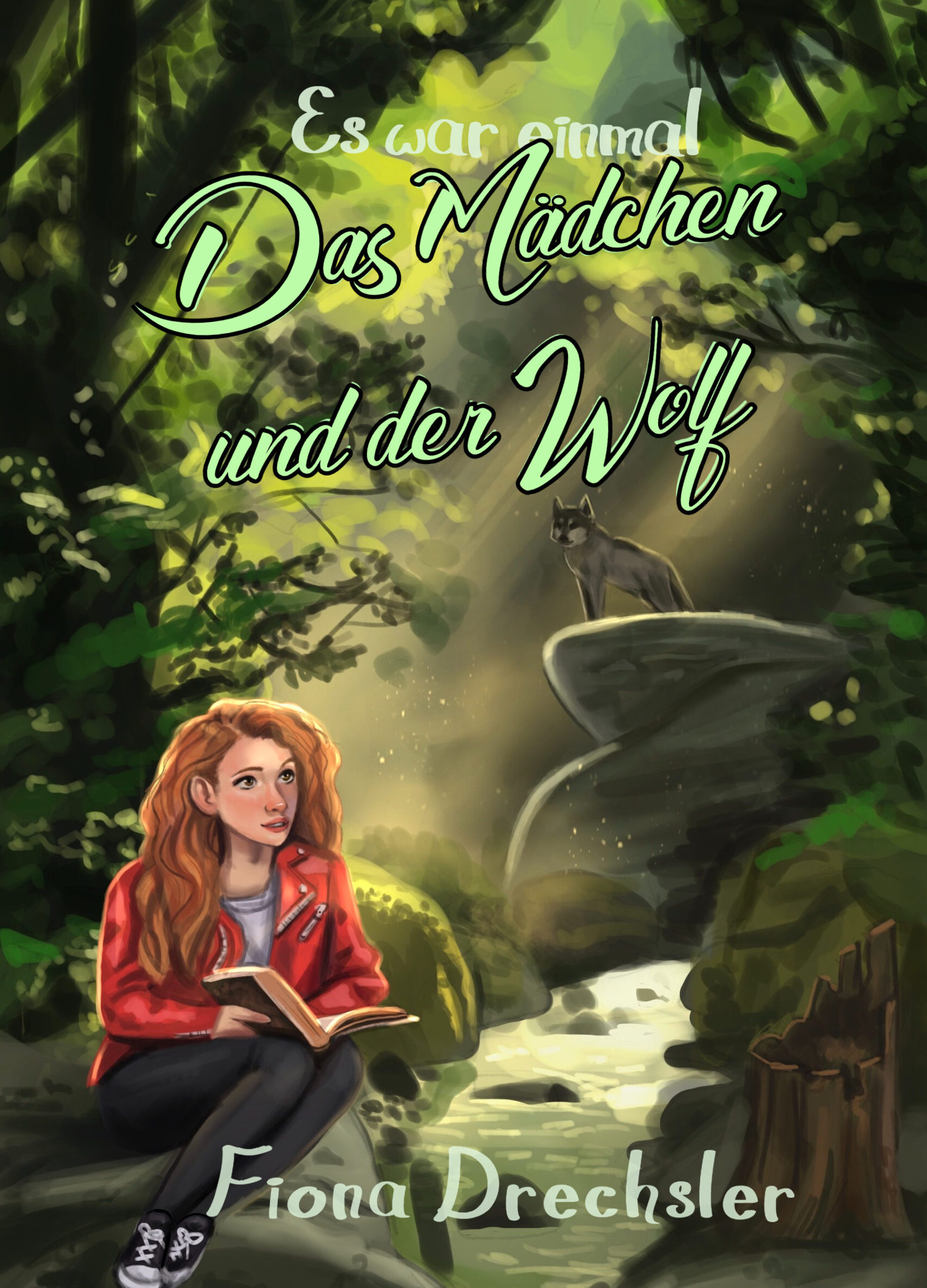 Das Buchcover zu "Das Mädchen und der Wolf" von Fiona Drechsler. Rothaariges Mädchen mit roter Lederjacke sitzt mit Buch im Wald, hinter ihr auf einem Felsen steht ein grauer Wolf.